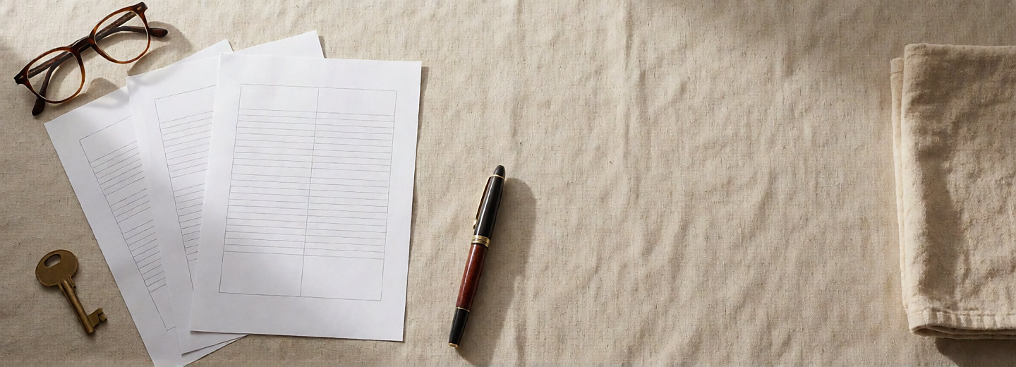 Blank statements, glasses and a key on cream linen