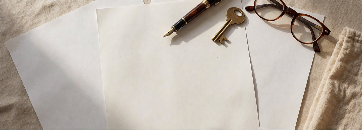 Pen, statement, key and folded cloth on an oak desk