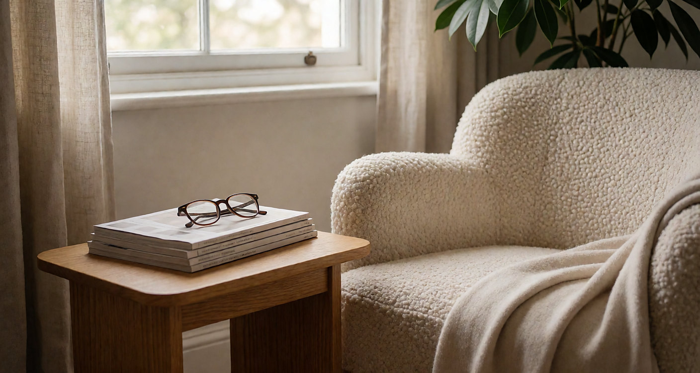 Reading nook with cream armchair and magazines