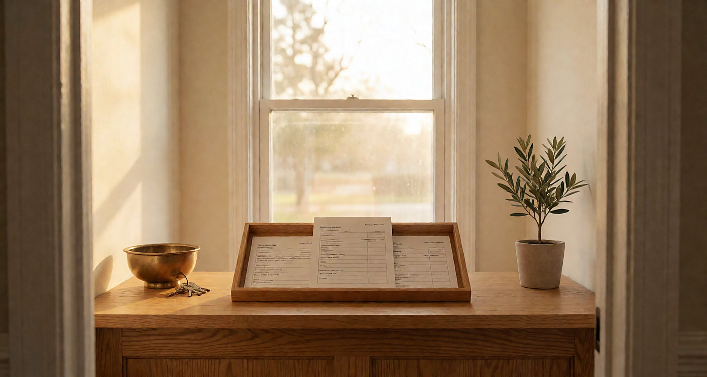 Mortgage desk with blank statements, key bowl and olive plant