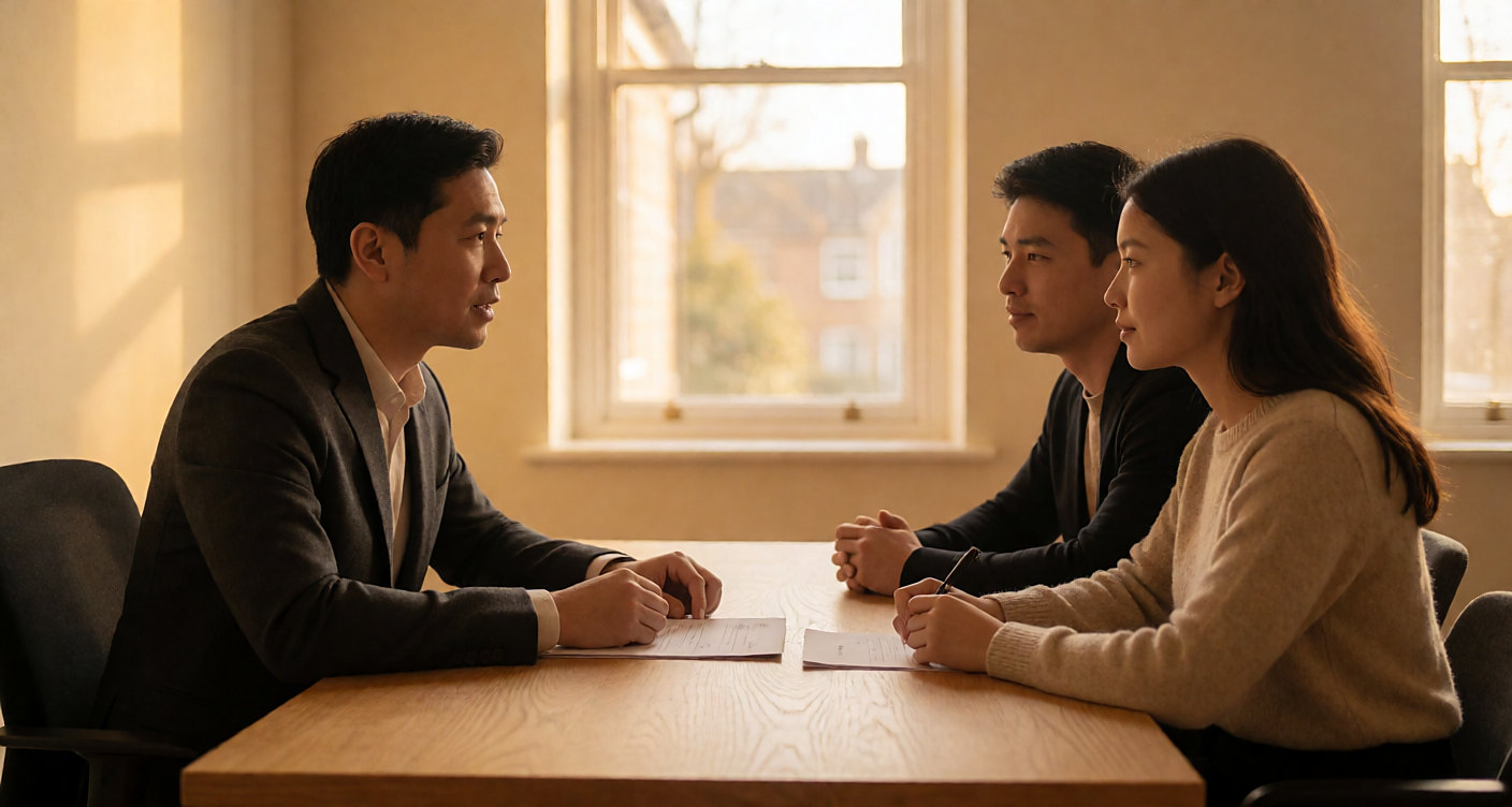 Advisor briefing a couple across a desk
